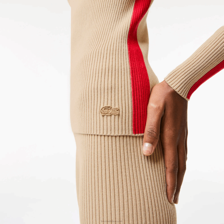 mulheres Lacoste bege vermelho vsc suéter sem costura de bandas de contraste 08D02657