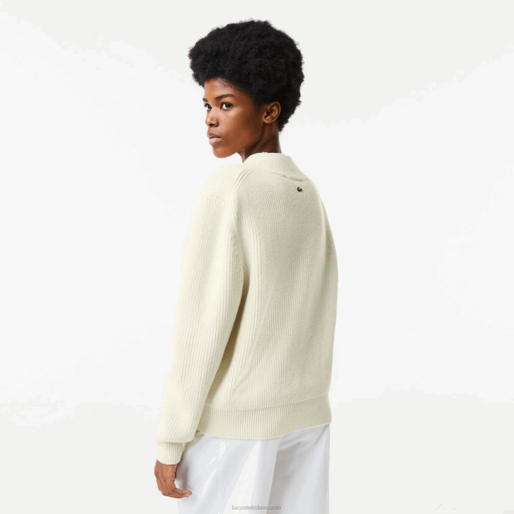 mulheres Lacoste branco 70v suéter de lã com decote em V com distintivo cômico 08D02642