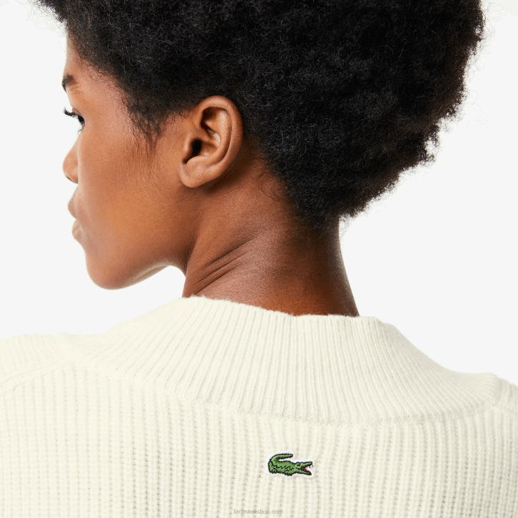 mulheres Lacoste branco 70v suéter de lã com decote em V com distintivo cômico 08D02642