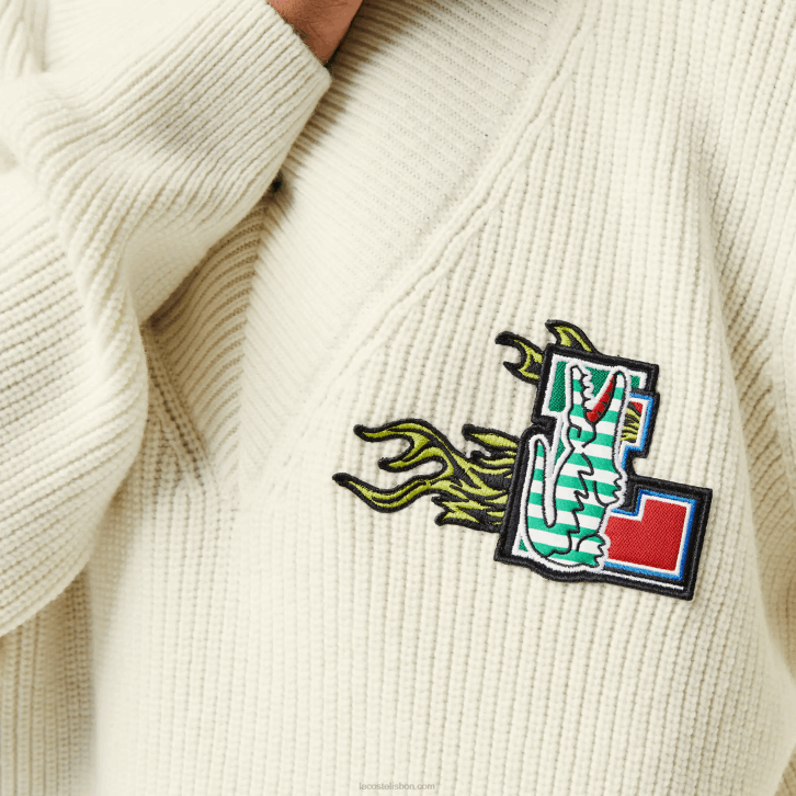 mulheres Lacoste branco 70v suéter de lã com decote em V com distintivo cômico 08D02642