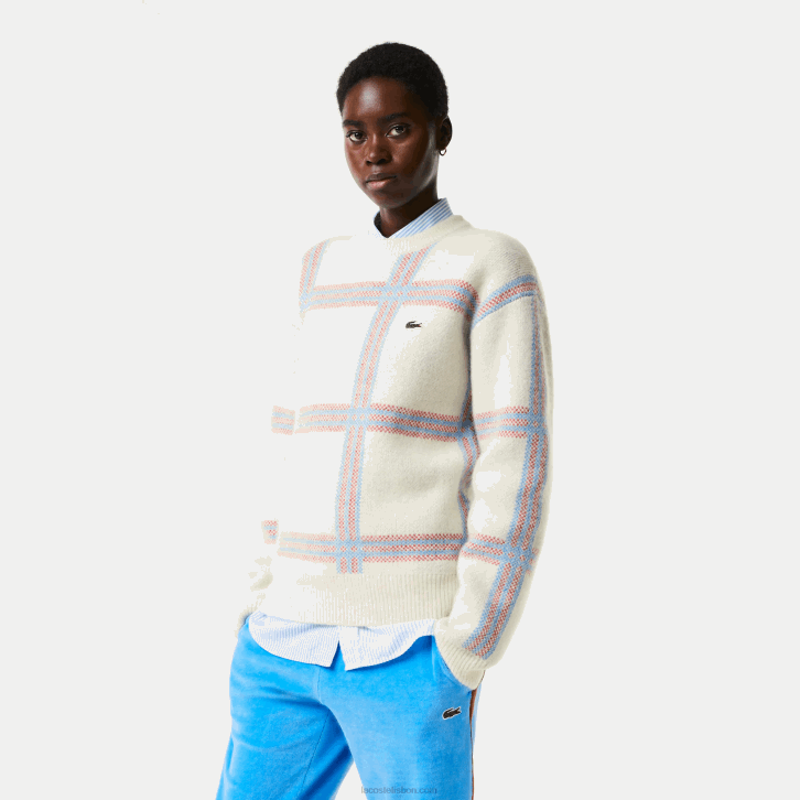 mulheres Lacoste branco vermelho azul 7d1 suéter de mistura de lã com padrão xadrez de ajuste relaxado 08D01427