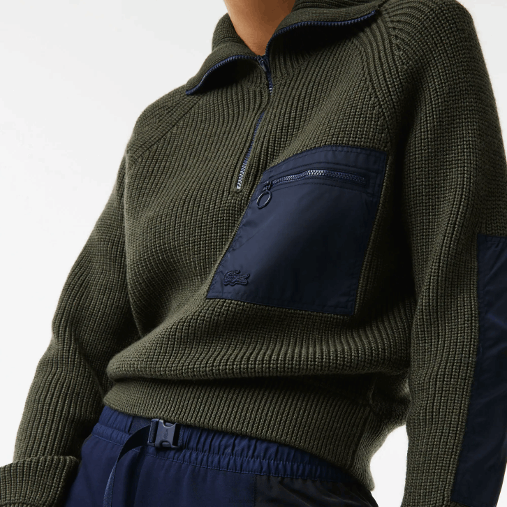mulheres Lacoste cáqui verde azul marinho u74 suéter colorblock com decote camionista e zíper 08D02656
