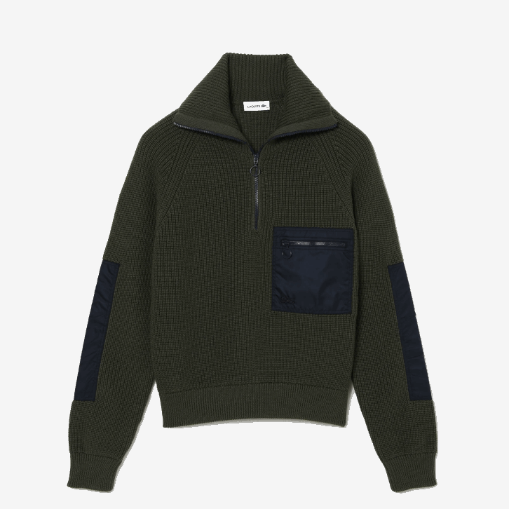 mulheres Lacoste cáqui verde azul marinho u74 suéter colorblock com decote camionista e zíper 08D02656