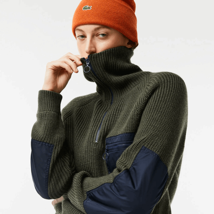 mulheres Lacoste cáqui verde azul marinho u74 suéter colorblock com decote camionista e zíper 08D02656
