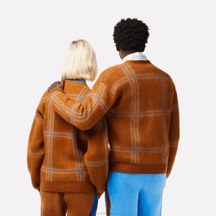 mulheres Lacoste marrom azul laranja vn2 cardigã de lã padrão tartan 08D01395
