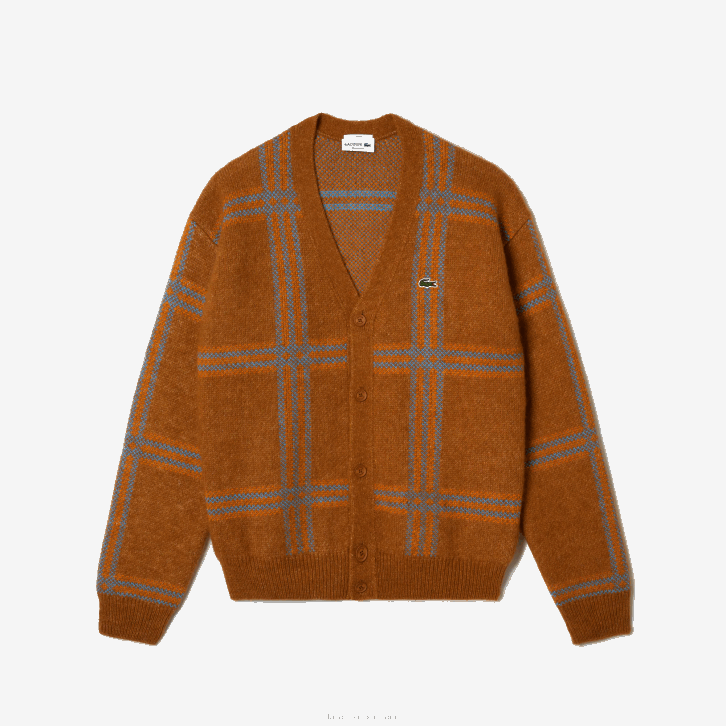 mulheres Lacoste marrom azul laranja vn2 cardigã de lã padrão tartan 08D01395