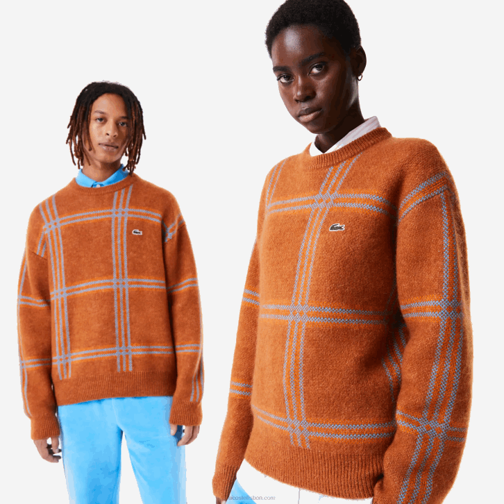 mulheres Lacoste marrom azul laranja vn2 suéter de mistura de lã com padrão xadrez de ajuste relaxado 08D01426