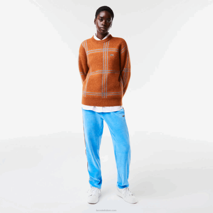 mulheres Lacoste marrom azul laranja vn2 suéter de mistura de lã com padrão xadrez de ajuste relaxado 08D01426