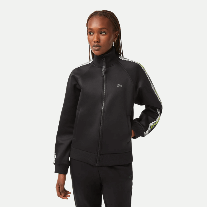 mulheres Lacoste preto 031 moletom solto com listras de logo e zíper 08D02397