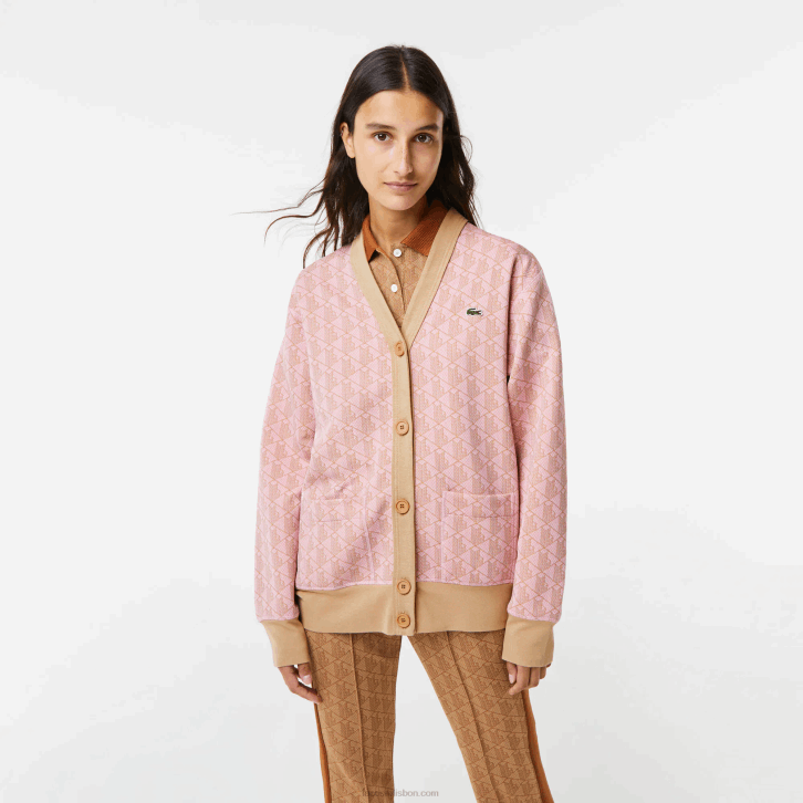 mulheres Lacoste rosa claro bege nxg cardigã solto com estampa de monograma 08D02634
