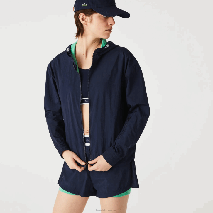 mulheres Lacoste azul marinho verde bwy Jaqueta esportiva leve de nylon e mesh com zíper 08D02633