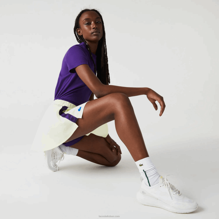 mulheres Lacoste amarelo roxo 4xk saia de tênis curta embutida esportiva 08D02592