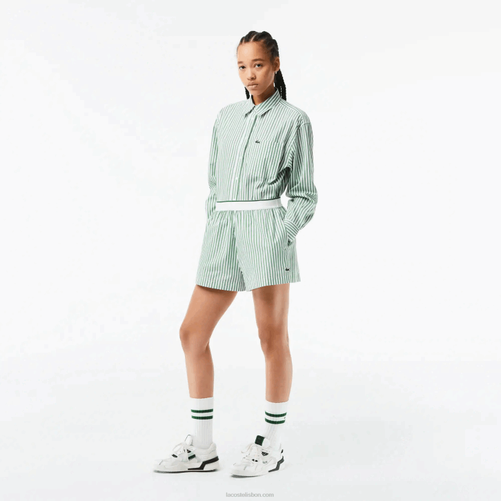 mulheres Lacoste branco caqui verde vi4 shorts listrados de popeline de algodão 08D02455