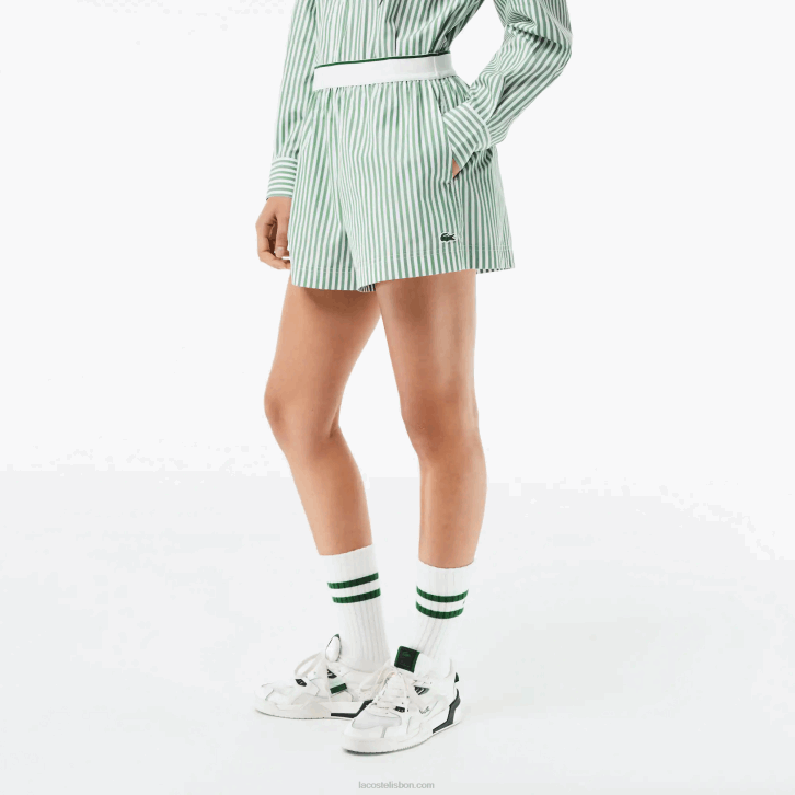 mulheres Lacoste branco caqui verde vi4 shorts listrados de popeline de algodão 08D02455