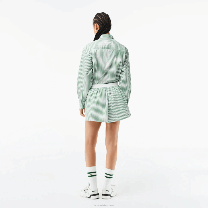 mulheres Lacoste branco caqui verde vi4 shorts listrados de popeline de algodão 08D02455