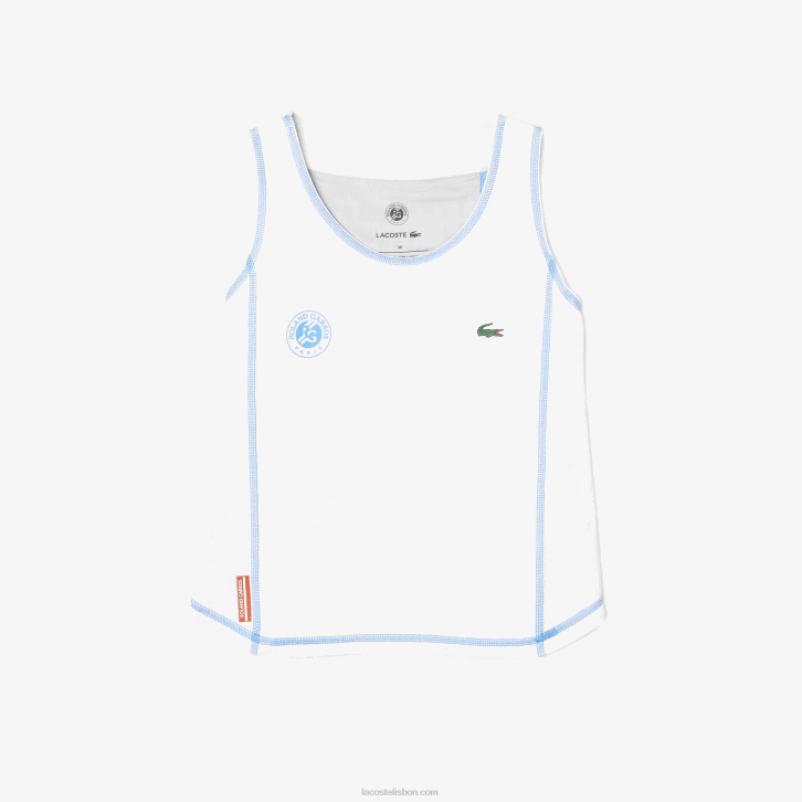 mulheres Lacoste branco azul v10 regata esporte roland garros racer costas 08D02581