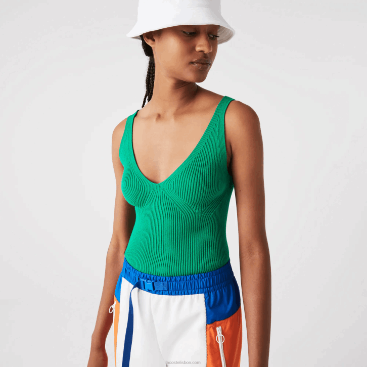 mulheres Lacoste ldm verde regata de malha canelada sem costura 08D02647