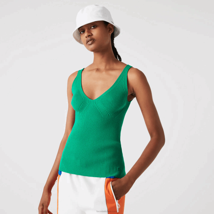 mulheres Lacoste ldm verde regata de malha canelada sem costura 08D02647