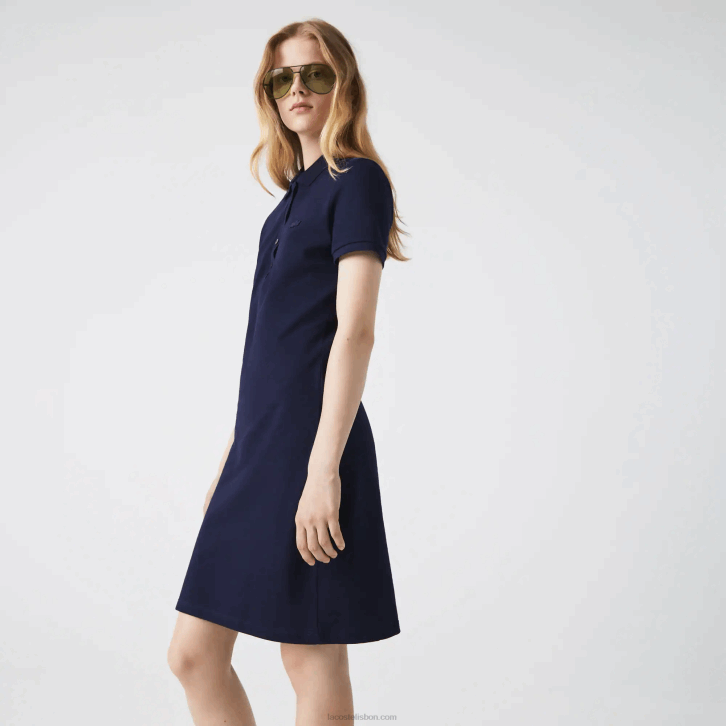 mulheres Lacoste azul marinho 166 vestido polo piquê de algodão elástico 08D02371