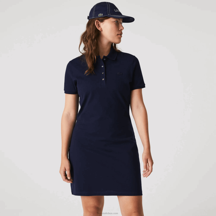 mulheres Lacoste azul marinho 166 vestido polo piquê de algodão elástico 08D02371