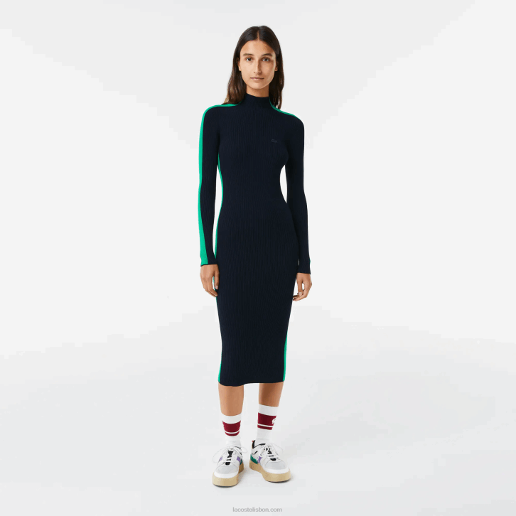mulheres Lacoste azul marinho verde 9eq vestido de malha sem costura com faixa contrastante 08D02485