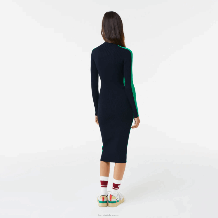 mulheres Lacoste azul marinho verde 9eq vestido de malha sem costura com faixa contrastante 08D02485