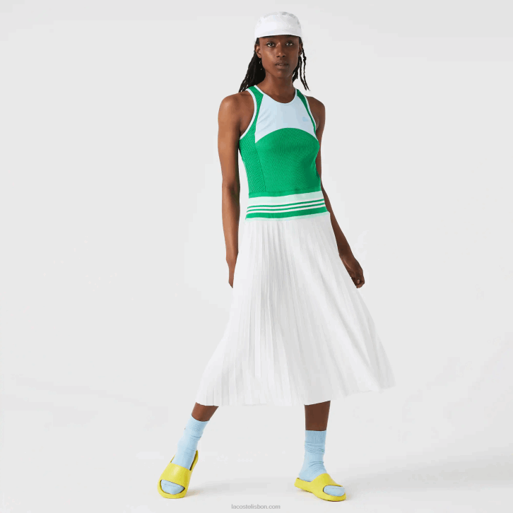 mulheres Lacoste azul verde branco 2c5 vestido regata colorblock plissado 08D02497
