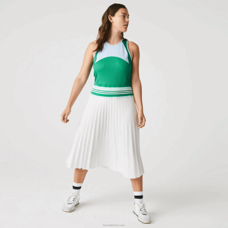 mulheres Lacoste azul verde branco 2c5 vestido regata colorblock plissado 08D02497