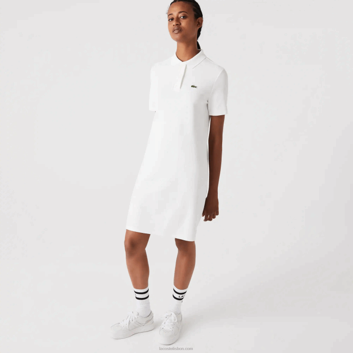 mulheres Lacoste branco 70v vestido polo piquê manga trompete 08D02512