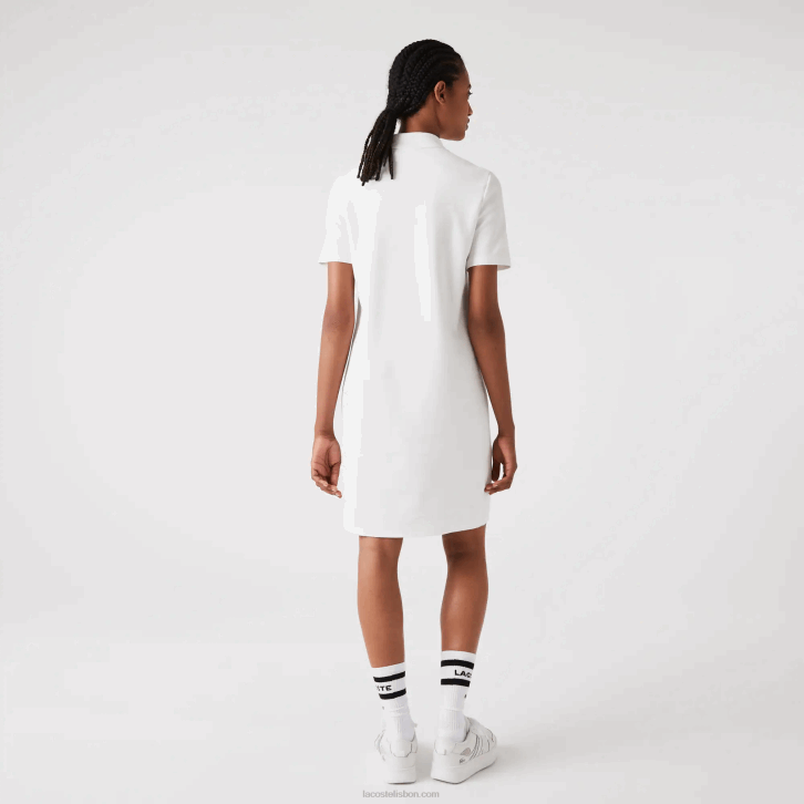mulheres Lacoste branco 70v vestido polo piquê manga trompete 08D02512