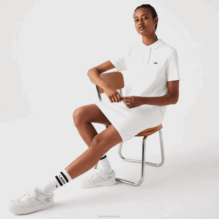 mulheres Lacoste branco 70v vestido polo piquê manga trompete 08D02512