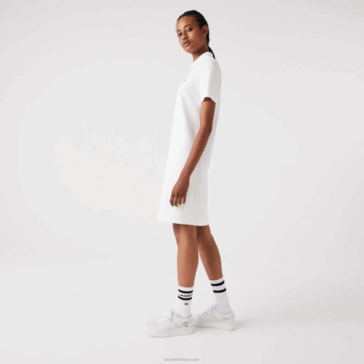 mulheres Lacoste branco 70v vestido polo piquê manga trompete 08D02512