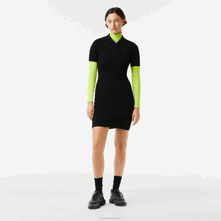 mulheres Lacoste preto 031 vestido de zíper frontal com detalhes em malha 08D02481