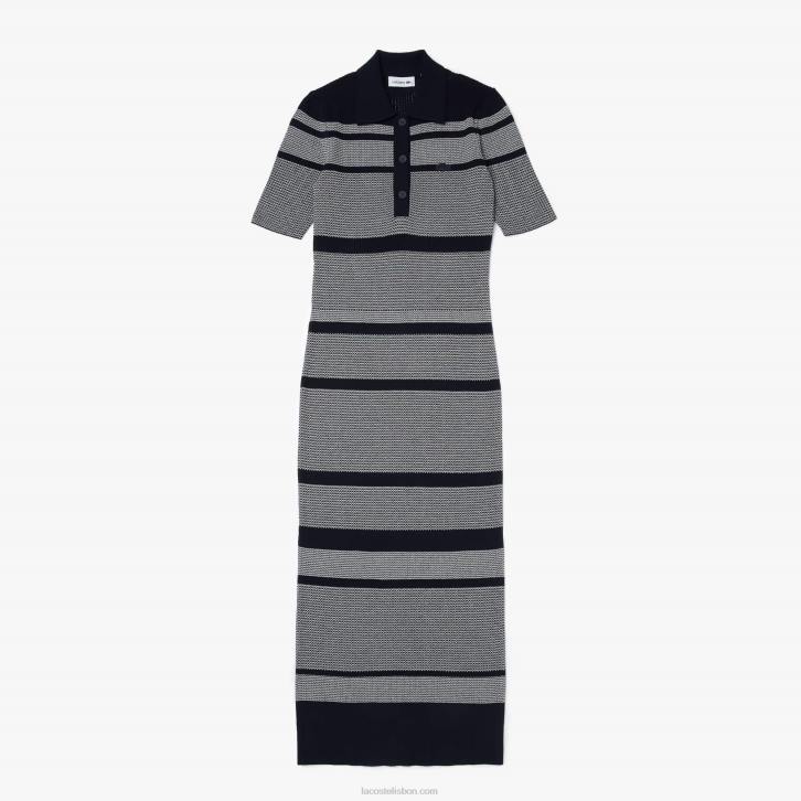mulheres Lacoste preto/branco vestido polo de comprimento médio listrado em malha de algodão 08D02509
