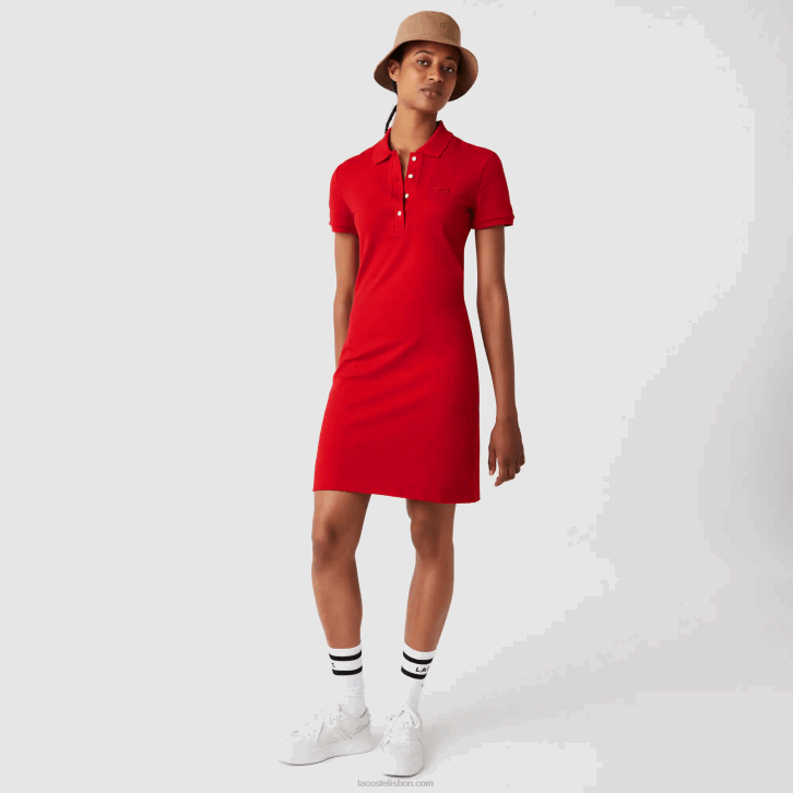 mulheres Lacoste vermelho 240 vestido polo piquê de algodão elástico 08D02472