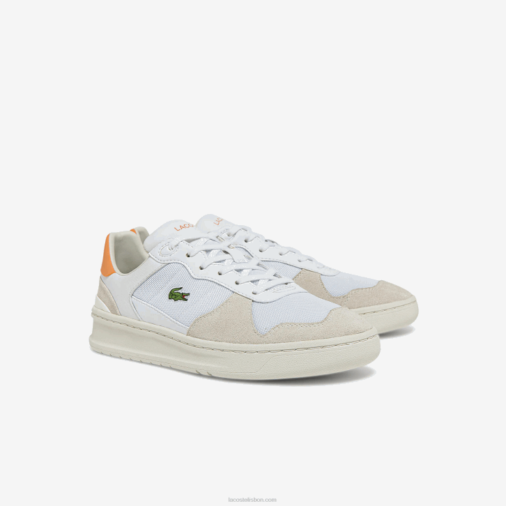 mulheres Lacoste branco laranja 1u2 tênis perf-shot camurça e têxtil 08D02750