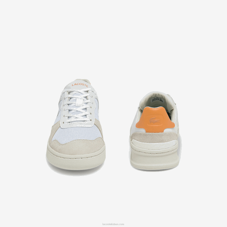 mulheres Lacoste branco laranja 1u2 tênis perf-shot camurça e têxtil 08D02750